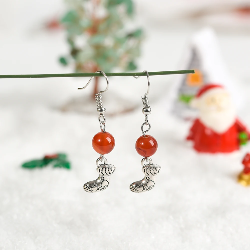 Christmas Stocking Charm Crystal Natural Stone Dangle Earrings