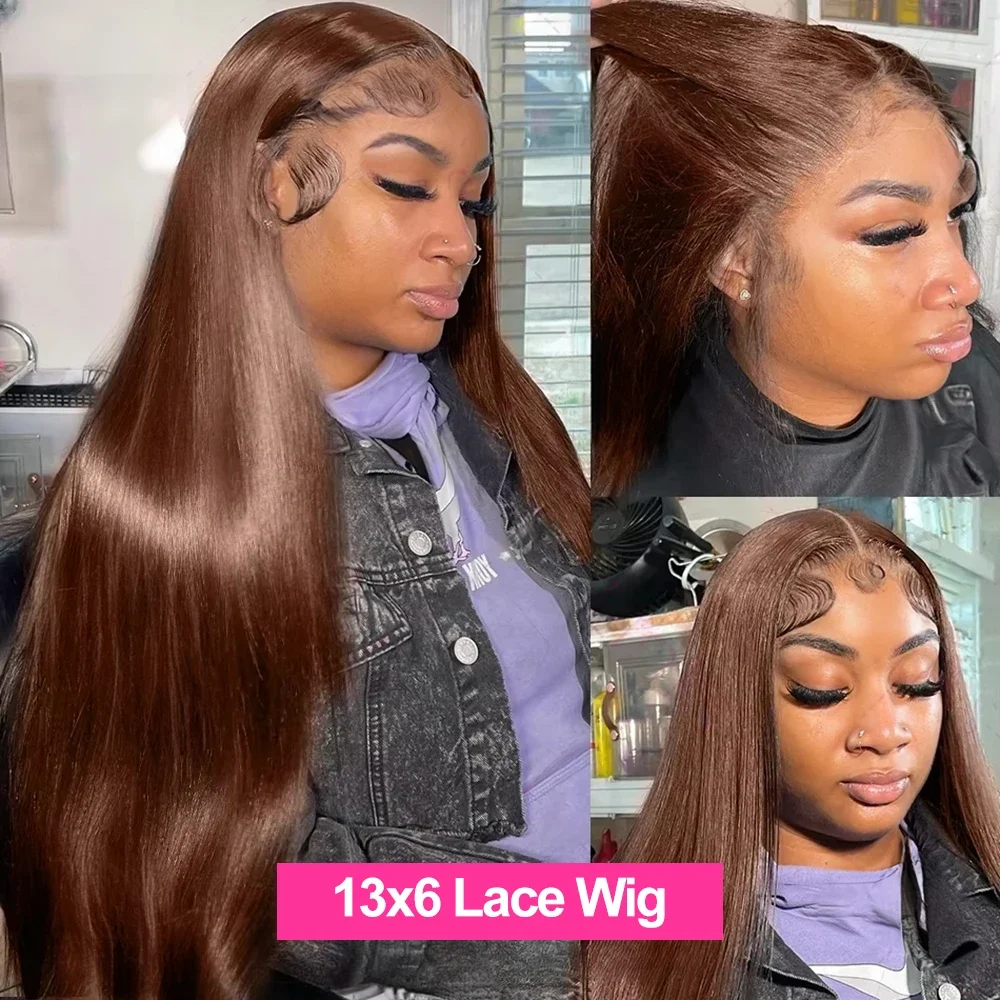 200 الكثافة # 4 الشوكولاته البني الملونة 13x4 13x6 HD الدانتيل الباروكة الأمامية 44 46 بوصة قبل قطعها مفرود شعر طبيعي مفرود الباروكات