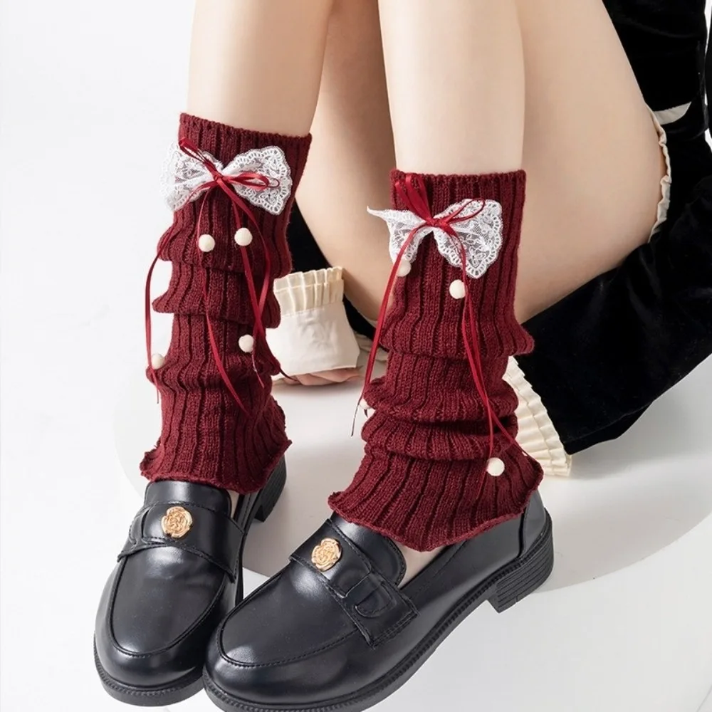 

New Red Color Leg Warmers Thickened Bow Mid-Calf Sock Harajuku Lolita Hosiery Women Girls