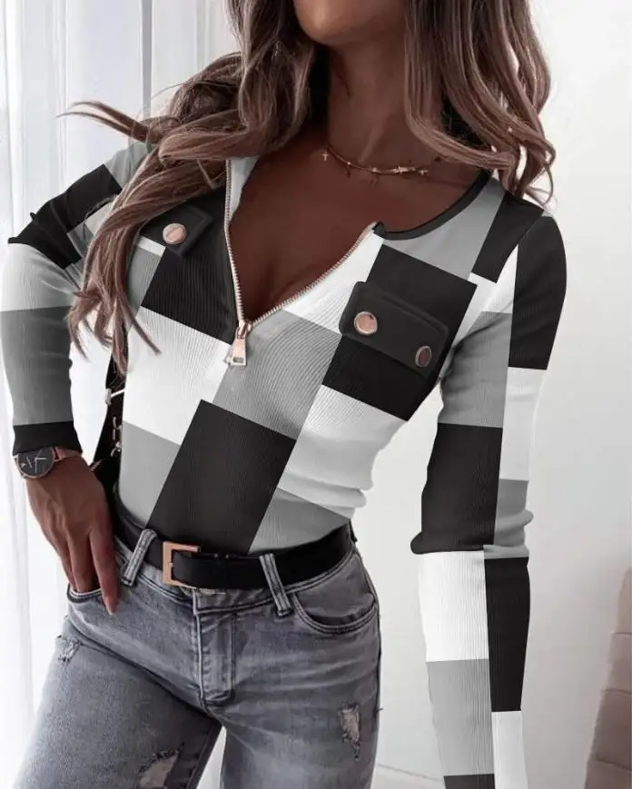 Women's casual top 2024 spring/summer new casual flash stripe print front zipper long sleeved ribbed top