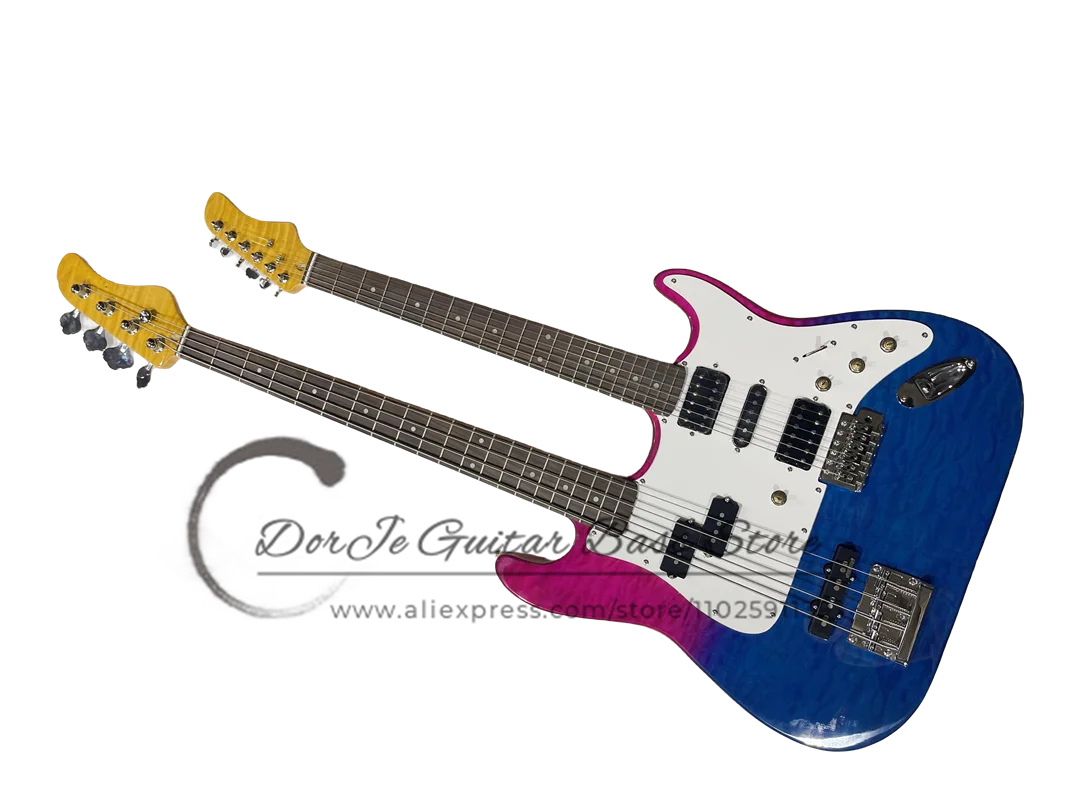 

Double Neck Electric Guitar Squilted Maple Top Pink Blue Body Flamed Maple Neck 4 String Bass 6 Strings Guitar Factory Custom