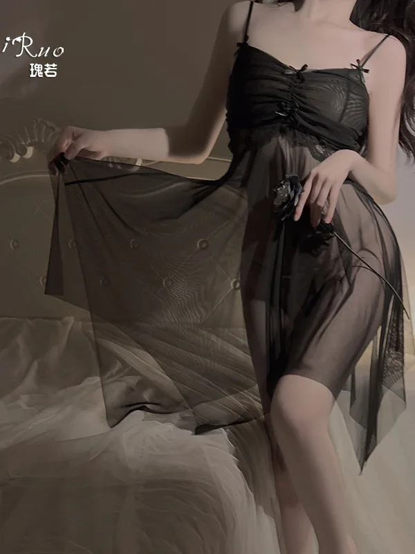 Mini robe débardeur transparente en maille plissée avec nœud papillon pour femmes, robe à bretelles élégante et douce, hauts coréens pour femmes NP3X