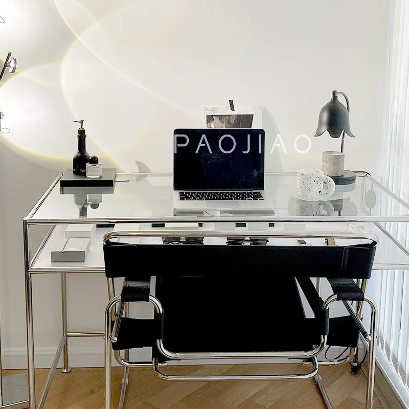 Stainless Steel Transparent Glass Desk Makeup Table Desk Simple Style Desk Chinese Ancient Book Furniture Computer Desk