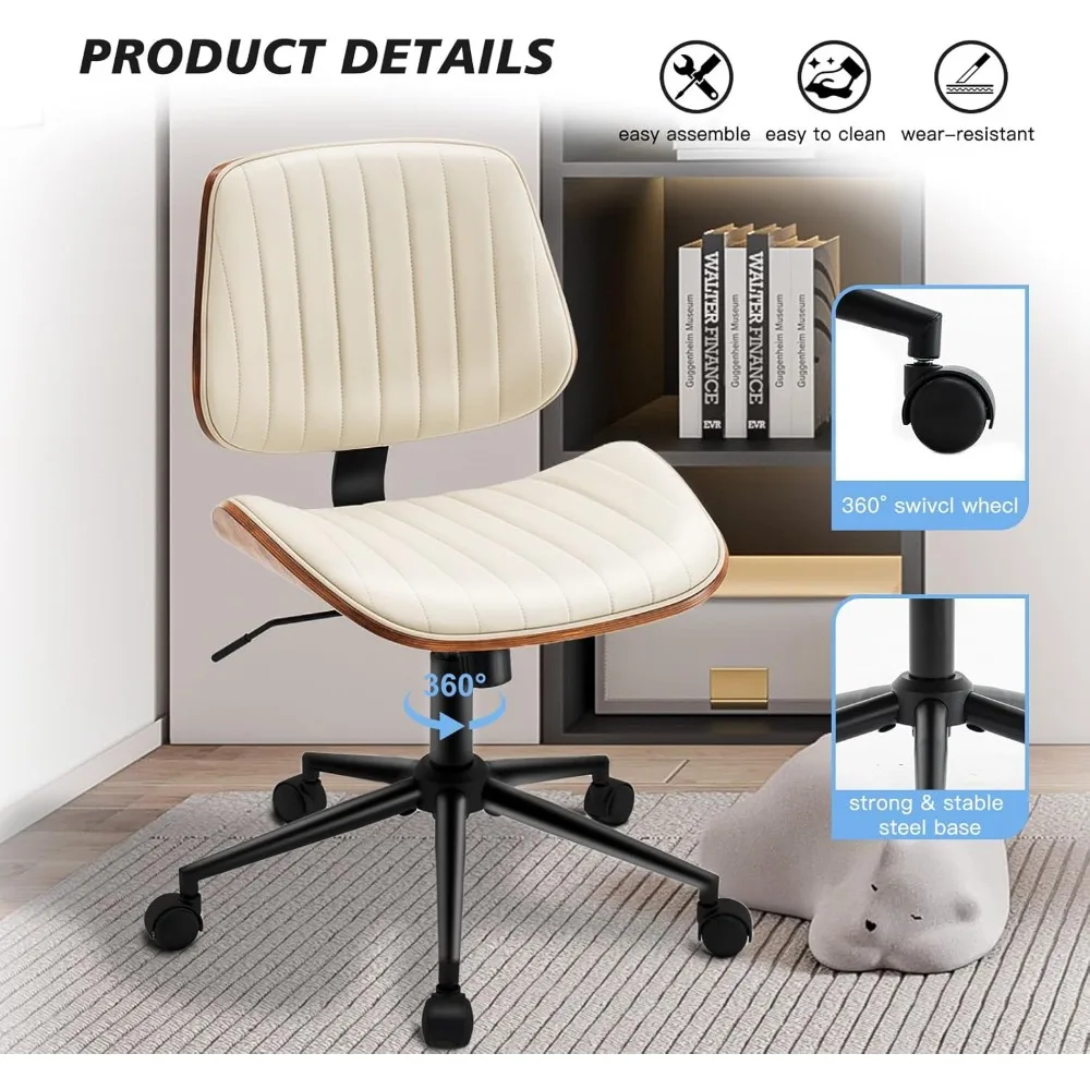 كرسي مكتب بدون ذراعين مع 360 درجة ° عجلات دوارة، كرسي كمبيوتر مريح قابل للتعديل الارتفاع للمكتب المنزلي، جلد PU مع جدار حديث #4