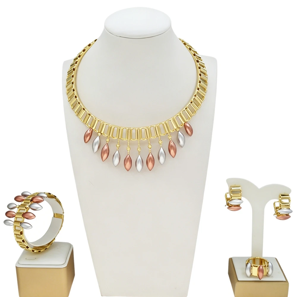 African Brazil Gold Plated Jewelry Set Tri‑Color Choker Necklace Bracelet Hoop Earrings Adjustable Ring Ladies Fashion Ornament
