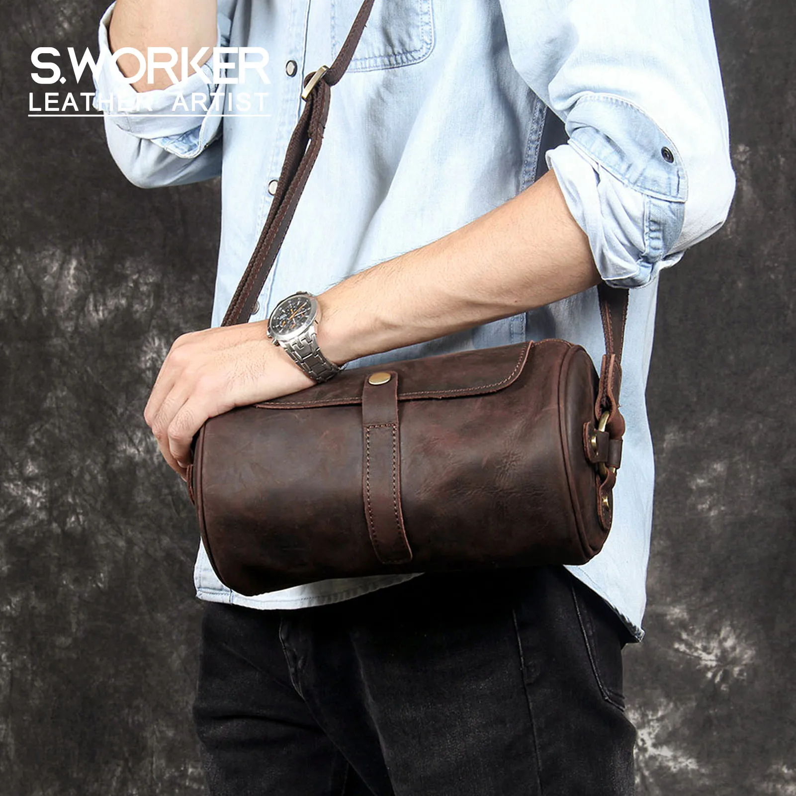 S.WORKER Echtleder Herren Umhängetasche, Bucket Bag, Vollnarbig, Trendige Casual Crossbody-Tasche, Mini-Umhängetasche für Handy & Schlüssel – Detail 2