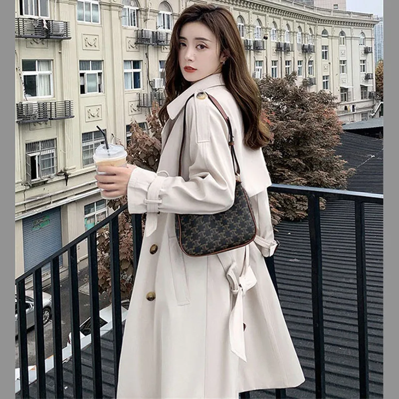 2025 가을 슬림 트렌치 코트 여성용 솔리드 턴다운 칼라 긴팔 벨트 장식 더블 브레스티드 여성 코트