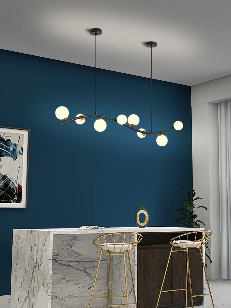 北欧シンプルモダンアイアンレストランバー衣料品店ロングストレートロッドマジックビーンブラックガラスボールランプシャンデリアLEDライト