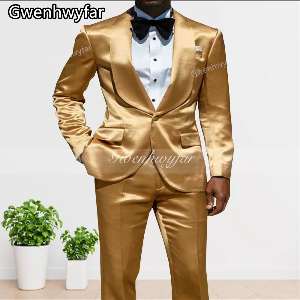 

Gwenhwyfar Designer Gold Men Suits Wedding Tuxedo Silk Satin 2 Pieces (Blazer+Pants) Formal Prom Jacket Trousers Custom Made