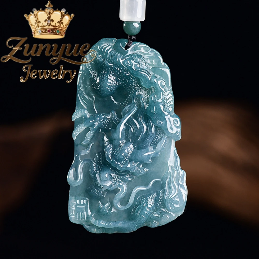 Natural Myanmar Grade A Ice Blue Water Jadeite Zodiac Dragon Pendant Hand Carved Unisex Daily Neck Luxury Jewelry Accessory Gift
