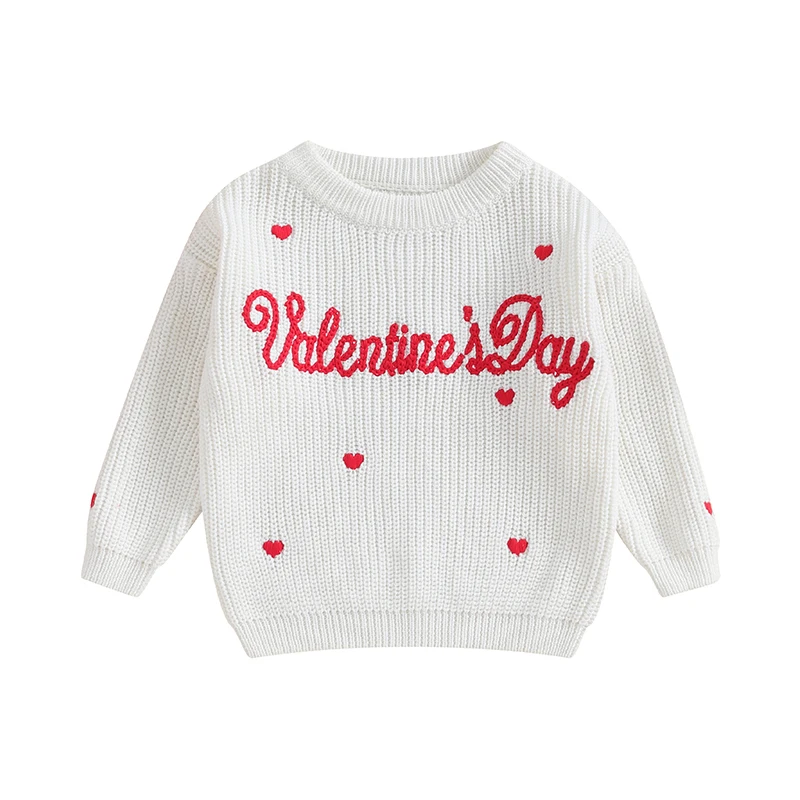 Toddler Girls Boys Sweater Letter Heart Embroidery Crew Neck Long Sleeve Pullovers Baby Valentines Day Outfits