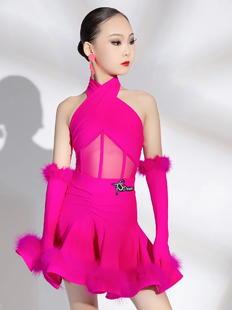 키즈 소녀 라틴 댄스 의상 홀터넥 백 레스 바디 슈트와 타조 모피 스커트 에지 전문 연습 댄스웨어 (장갑 포함)