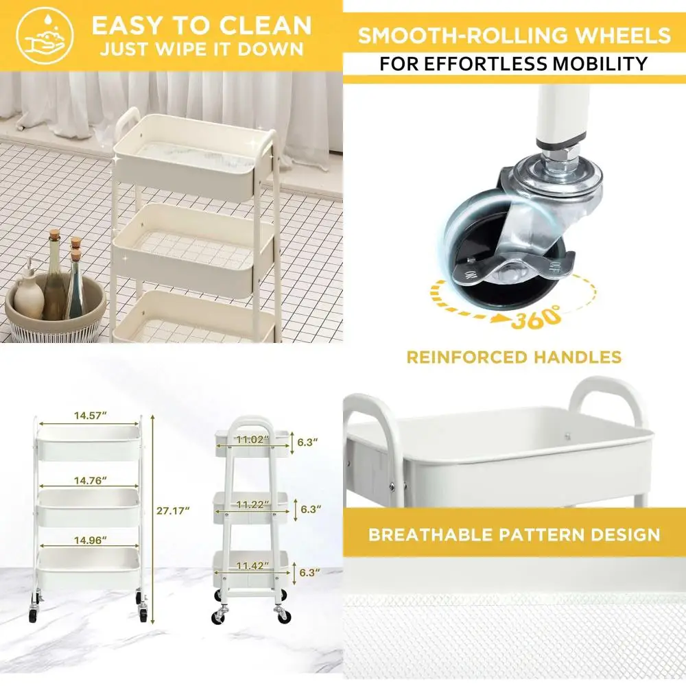 

White 3-Tier Rolling Makeup Organizer Cart with Metal Utility Stand