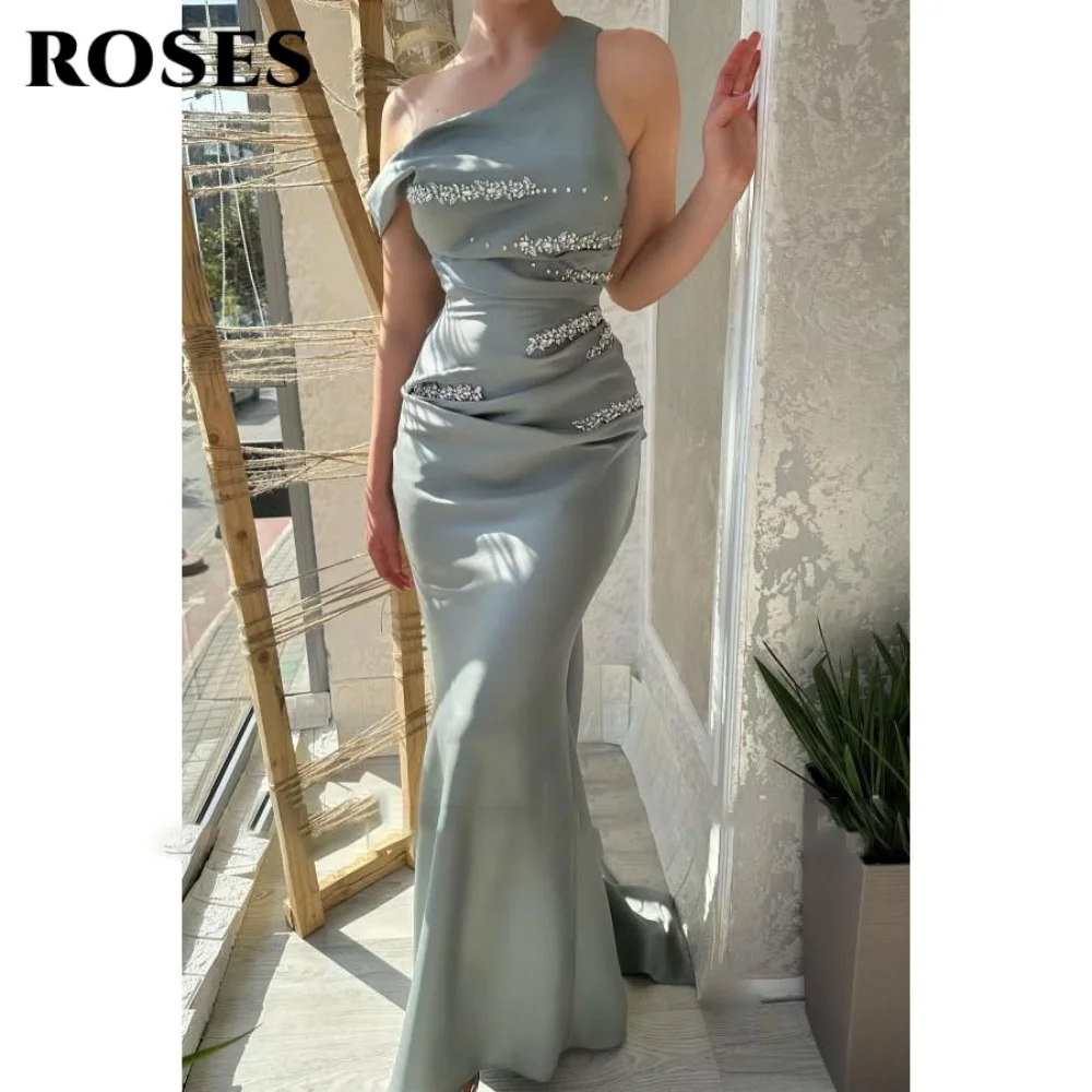 

ROSES Elegant One Shoulder Prom Gown Shiny Modern Style Evening Dress for Woman Short sleeve Satin Wedding Party Dresses 프롬 드레스