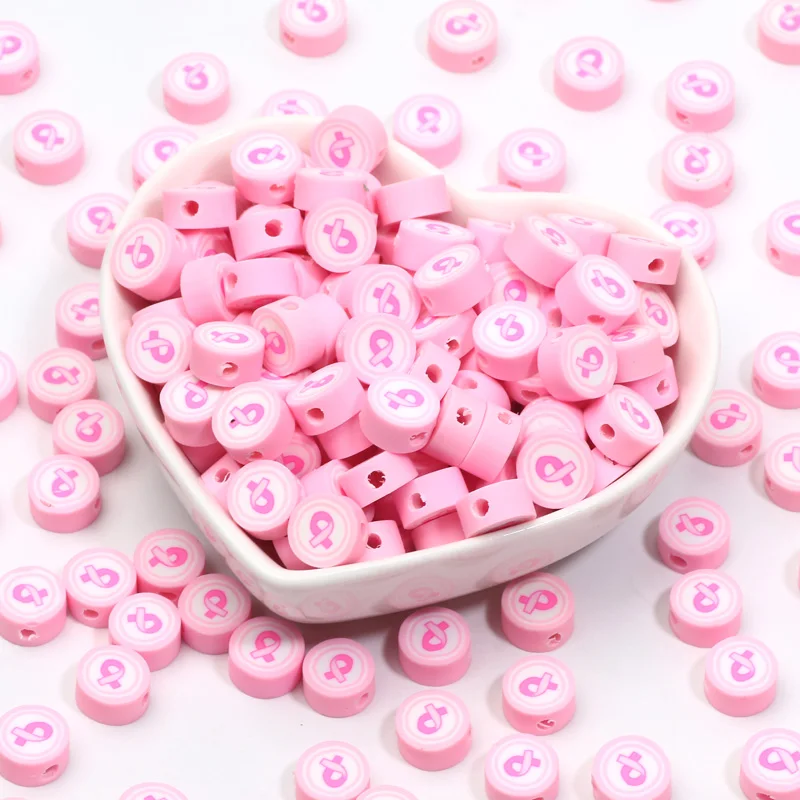 20/50pcs 9mm Pink Ribbon Pattern Polymer Clay Beads Spacer Beads for Jewelry Making DIY Handmade Bracelet Necklace Accessories