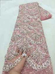 Hoh Lace High Quality 2024 Pink African Handmade Beads Laces Fabrics Luxury Nigerian Sequins Mesh Lace Fabric For Wedding A25-1