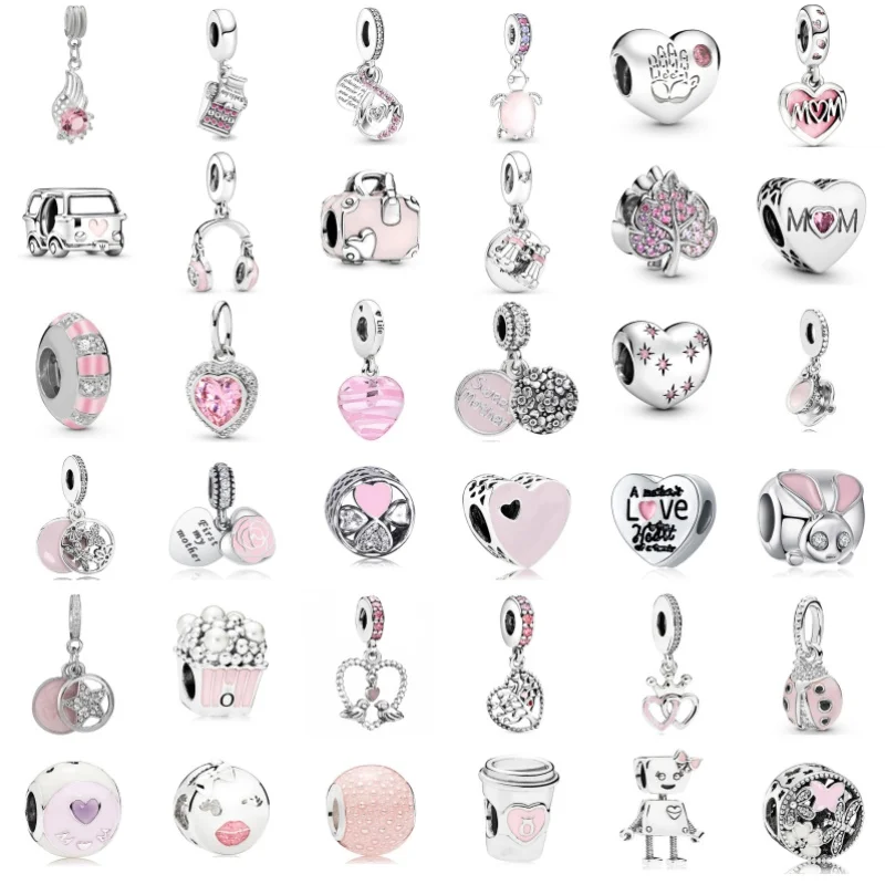 

New Pink Series Mom Heart Earphone Pendant Luggage Beads For Pandora Bracelets Keychain Necklace DIY Mother's Day Jewelry Gifts