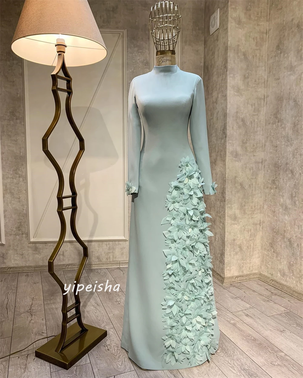 Jiayigong  Satin Applique Flower Beading Cocktail Party A-line High Collar Bespoke Occasion Gown Midi Dresses