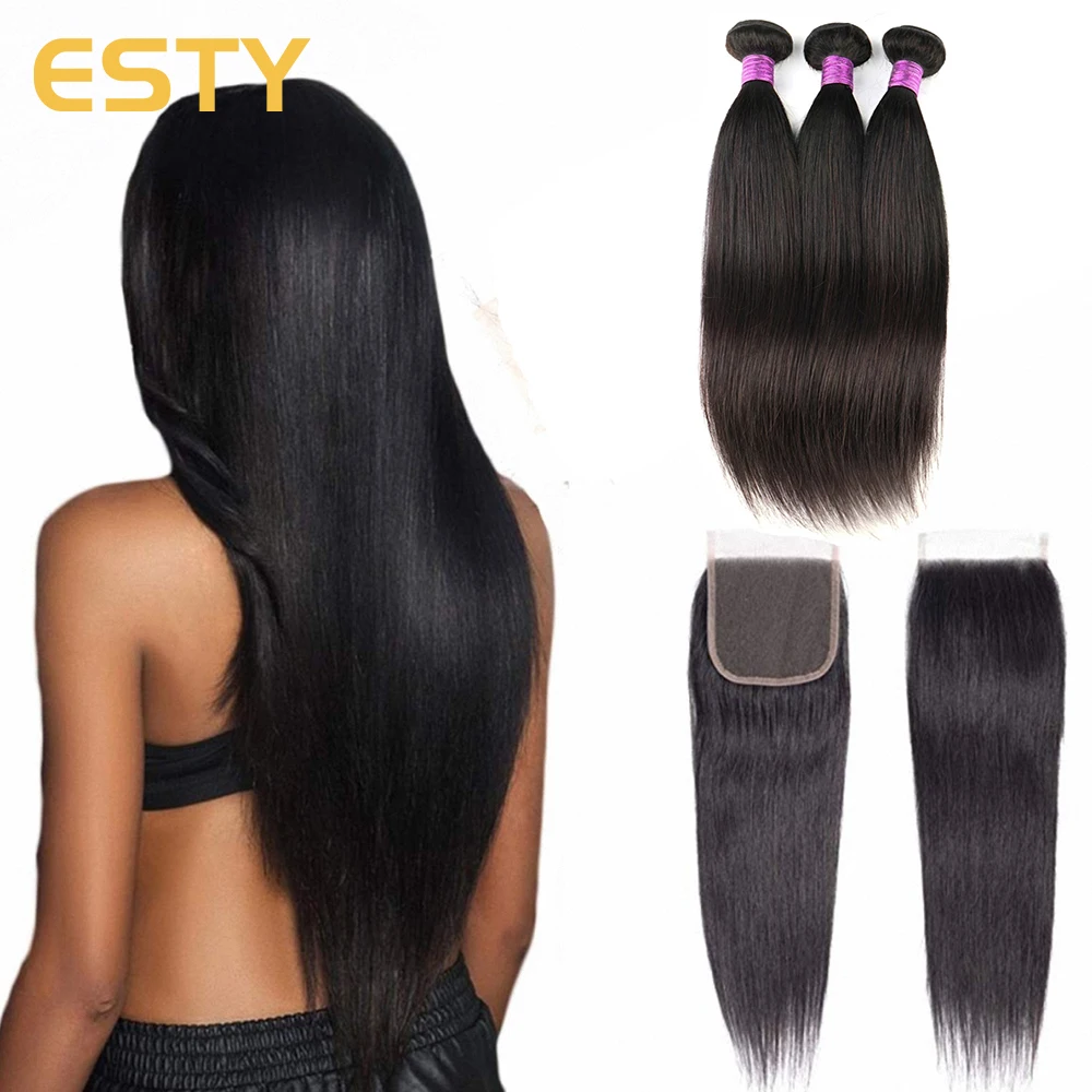 

Brazilian Straight Hair Bundles 3/4 Pcs Weave Human Hair Bundles with 4x4 Lace Closure Pre Plucked Remy Hair Extension for Women