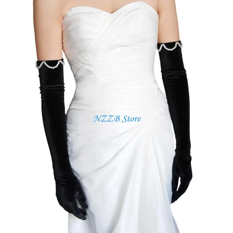 

T21F Stylish Black Gloves Elbow Beaded Design Long Gloves For Female Formal Event Photography Weddings Galas