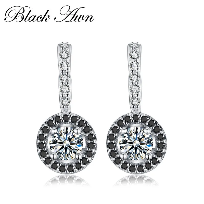 

[BLACK AWN] Silver Color Jewelry Engagement Hoop Earrings for Women Black Spinel Stone Bijoux Fashion Jewelry T001