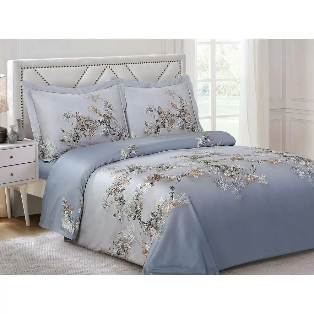 

French Artistic Tree Branch Pattern, Luxury Ultra Soft 300 Thread Count Cotton Sateen, Light Blue, Twin 39inch, 8 Piece Duvet S