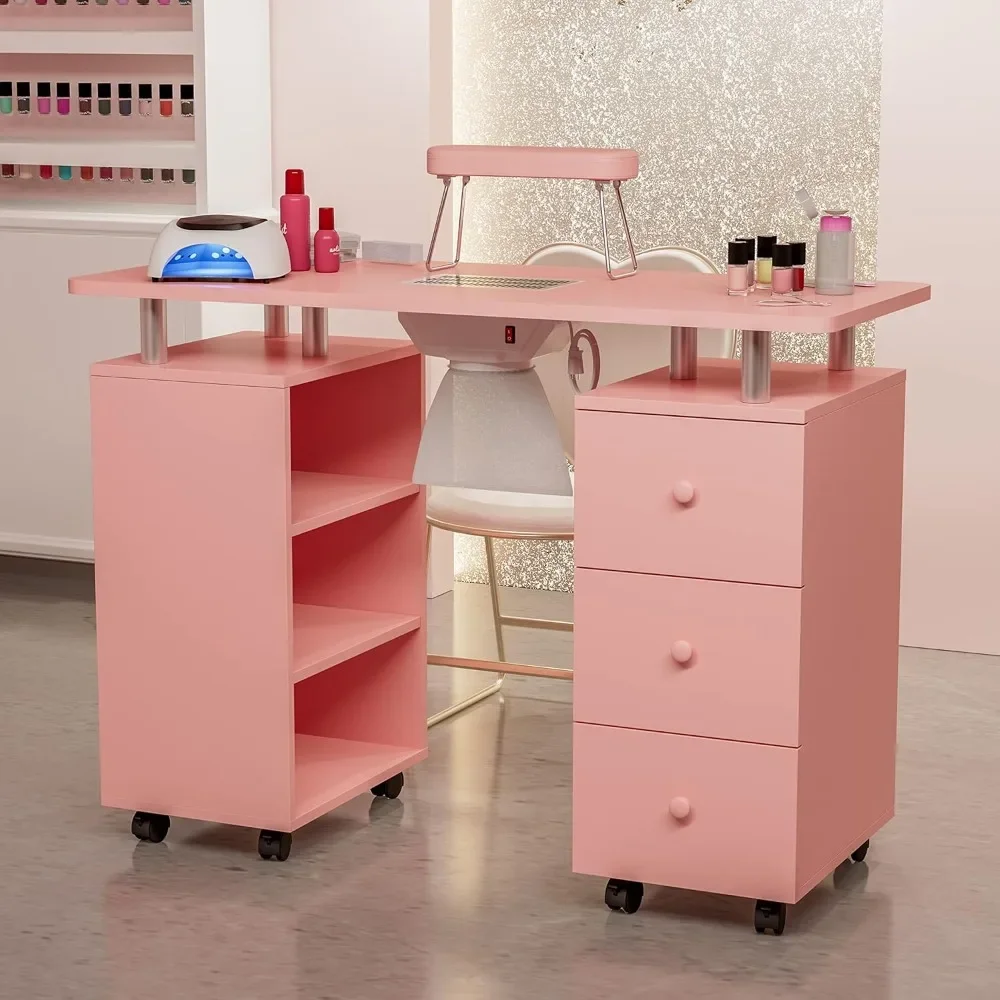 Manicure Table with Electric Downdraft Vents, Foldable Manicure Armrests, Lockable Wheels, Storage Rack, Manicure Table