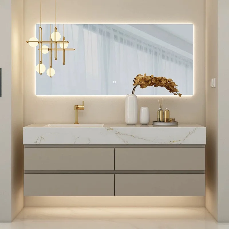 

Modern American Solid Wood Bathroom Vanity with Sink Light Emitting Diode Mirror Stainless Steel