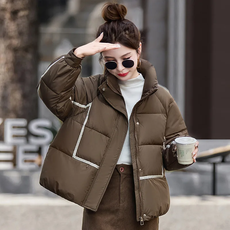 Winter Stand Collar Parka Jacket Women Korean Mix Color Thicken Warm Cotton Jacket for Woman Zip Up Long Sleeve Parkas Female