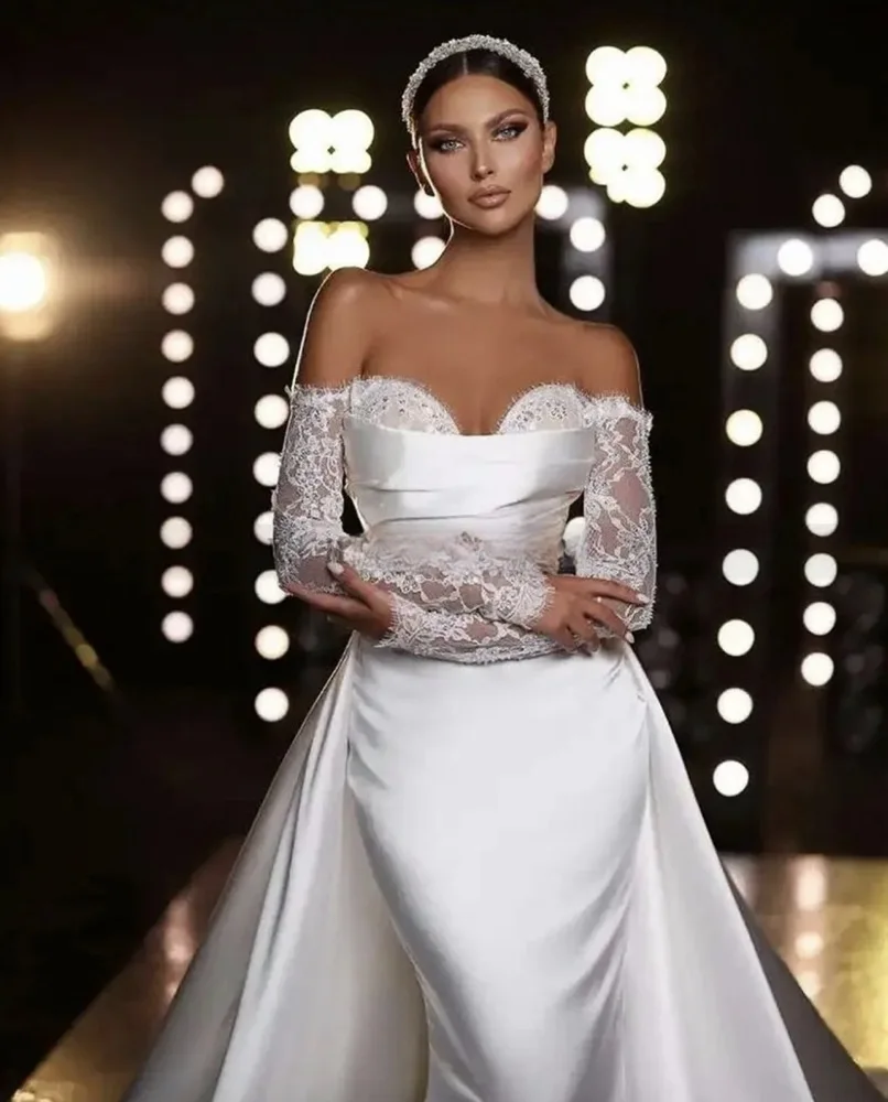 

Customized Mermaid Wedding Dresses Long Sleeve Lace Bride Dress Detachable Skirt Train Wedding Gowns Church Robe de Mariage