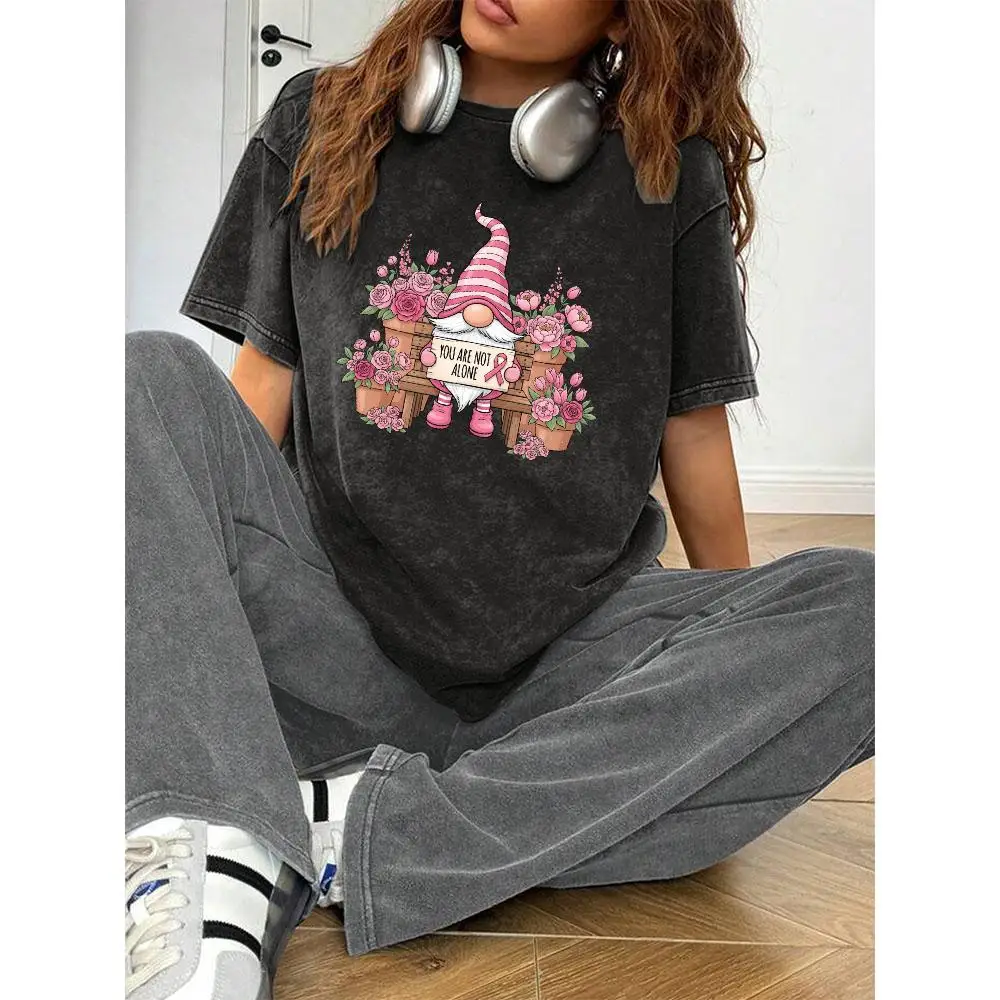 

Vintage Washed Gnome Graphic T-shirt, I'm With My Gnomies Slogan Tee, Oversized Cottagecore Floral Tops for Men Women