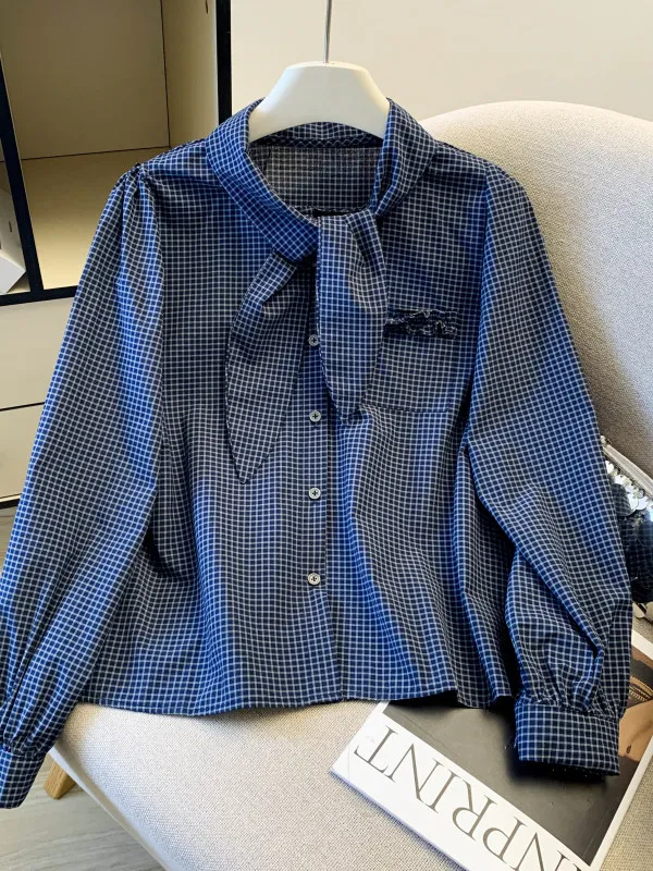 

Retro Plaid Sash Long Sleeve Shirt Women's Autumn Winter Simple Style Knot Belt High Grade Sensation Age Reduction Top