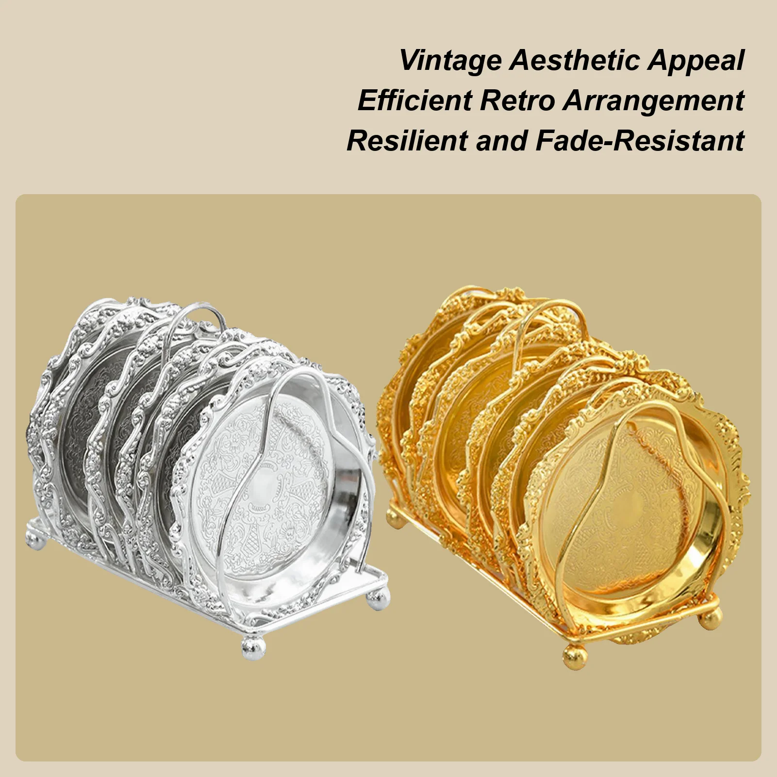 6pcs Vintage Metal Decorative Tray Set Stainless Steel Fruit Plate Embossed Gold Decorative Plates For Fruits Snacks & Beverages