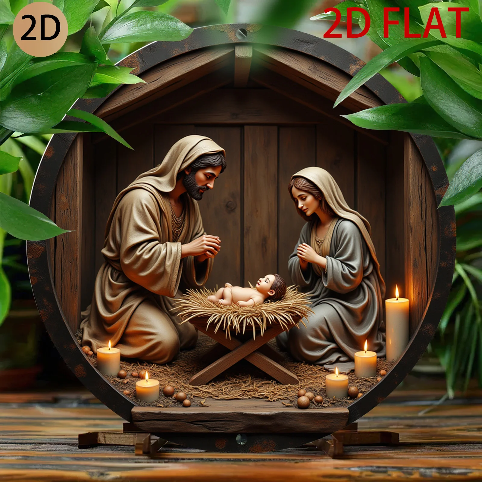 3D Relief Nativity Scene in Circular Frame Rustic Wood Style Christmas Decor for Home And Holiday Settings