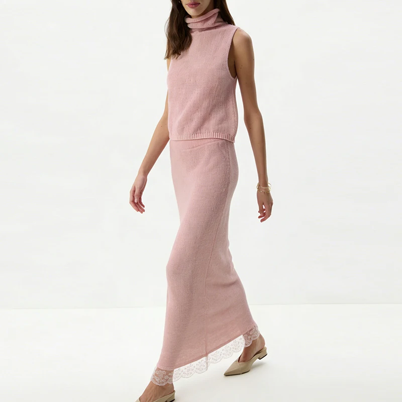 Simple Loose Holiday Outfit Lace Patchwork Solid Color Knitted Set Summer Hollow Sleeveless Vest Top + Long Skirt Women's Suits