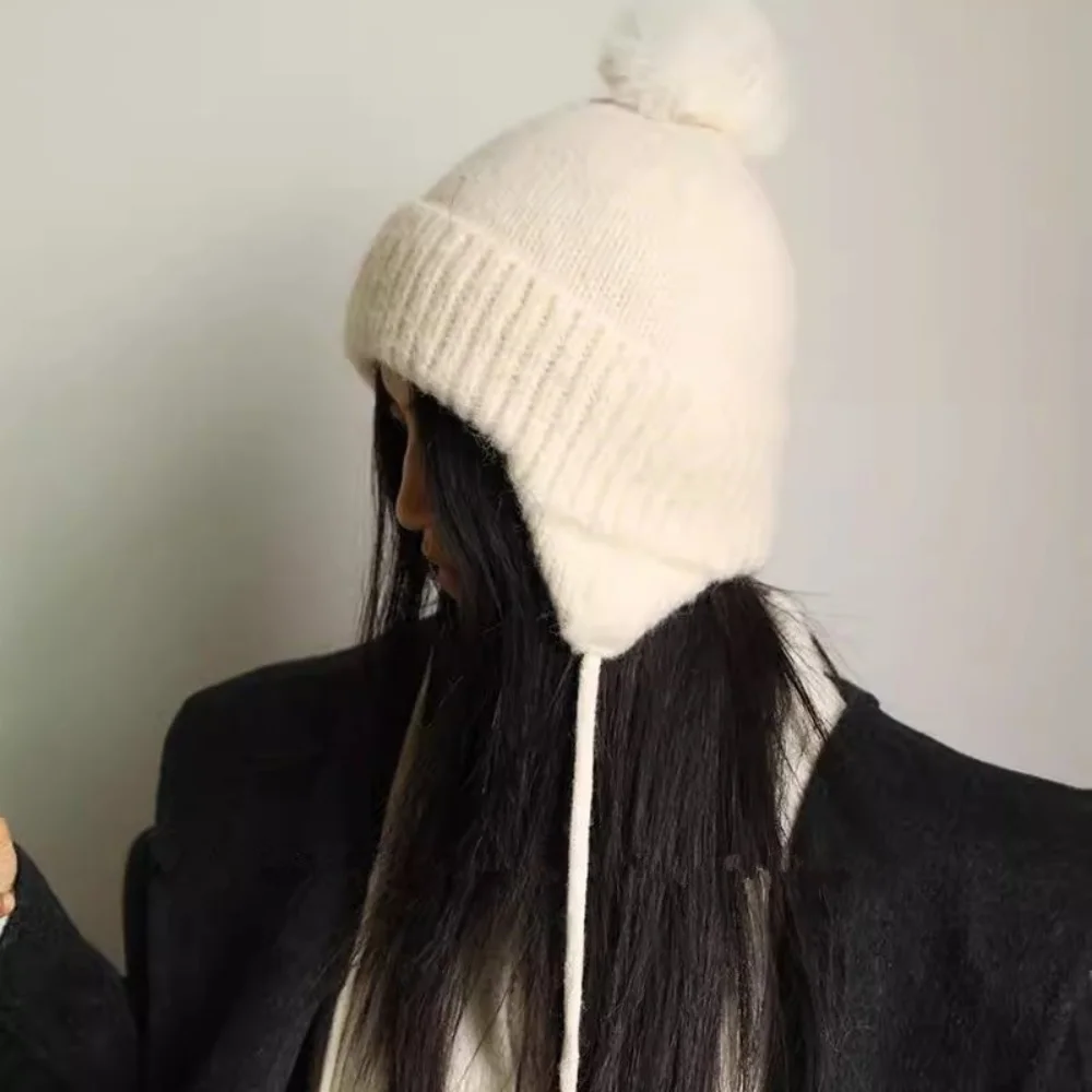 Корейский стиль, шерстяная шапка-бини, вязаная шапка-бомбер с ушками, утолщенная теплая вязаная защита ушей, декоративные аксессуары