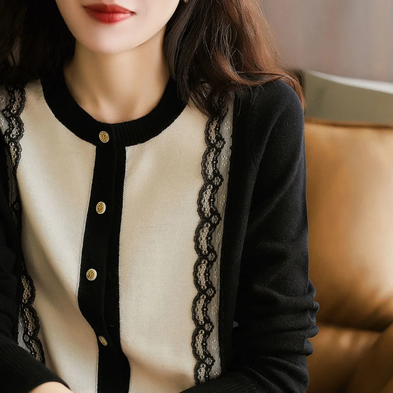 French Chic Blouse Autumn Elegant Lace Patchwork With Gold Button Accents Round Neck Sweater Knit Cardigan Coat