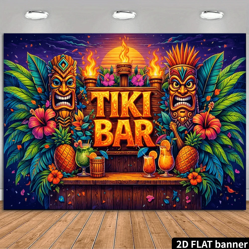 2D-Flachbanner, Hintergrundstoff für eine Tiki-Bar-Themenparty, mit brennenden Fackeln und tropischen Palmblättern