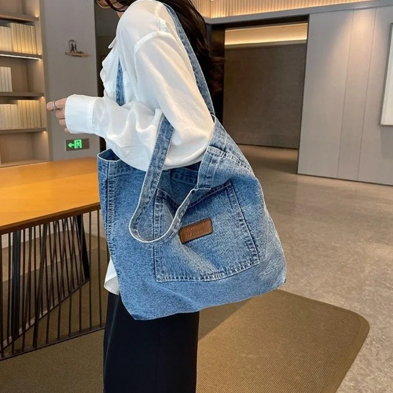 

Oversized Denim Shoulder Bag - Roomy Retro Tote for Women, Simple Canvas Handbag Perfect for College & Shopping