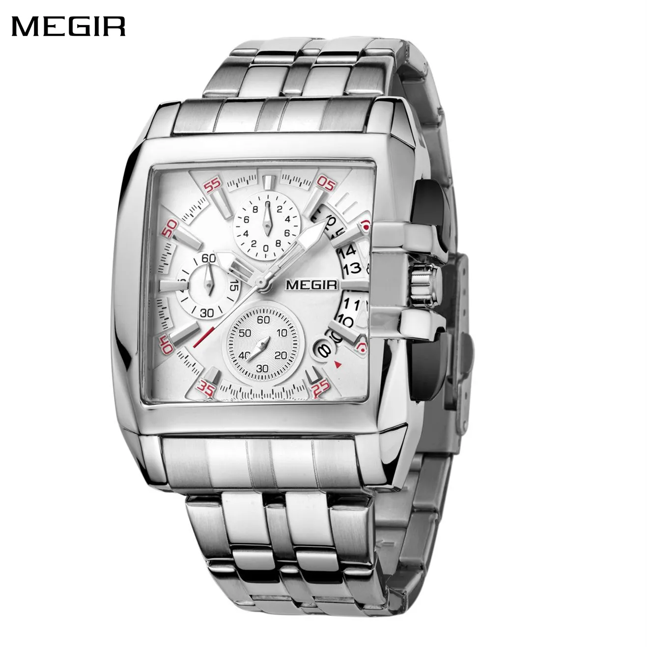 MEGIR 2018 hot sale fashion business Square Dial quartz watches luxury stainless steel wristwatch for man luminous three-eyes wa