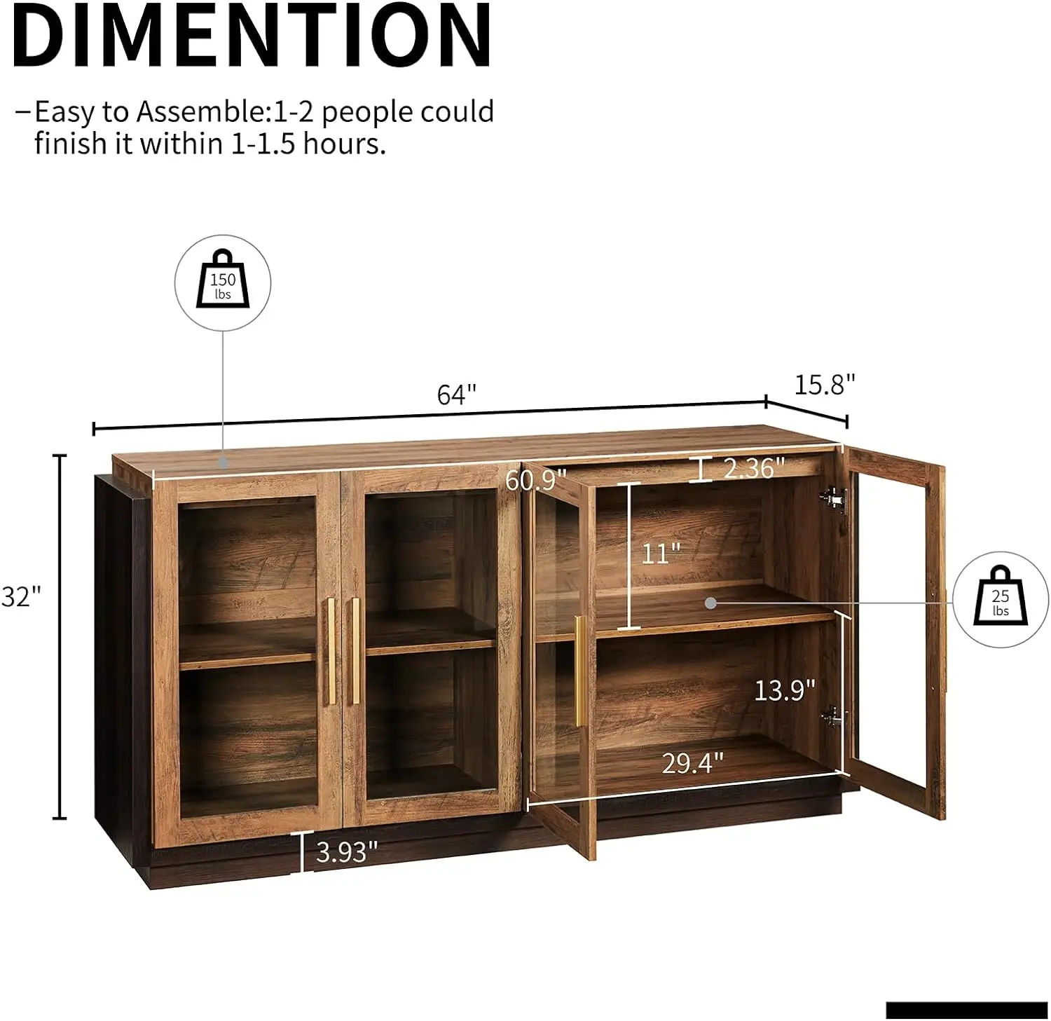 Aparador Buffet Armário com Armazenamento Armário 64 "com Porta de Vidro, Moderno Vidro de Madeira, Sala de Jantar, Cozinha