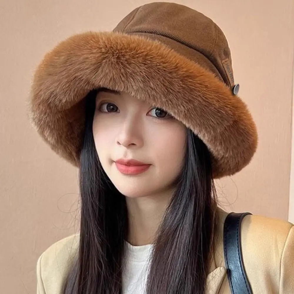 

Cute Windproof Velvet Panama Hat Soft Wide Brim Fluffy Fur Bucket Hat Thickened Plush Warm Cap Lady
