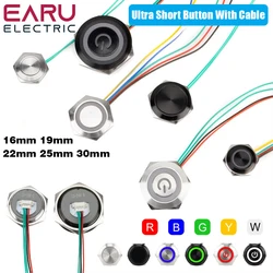 16/19/22/25/30mm With Wires Short Stroke Waterproof Metal Push Button Switch 1NO Momentary Self Reset Led Light 12-24V Red Green