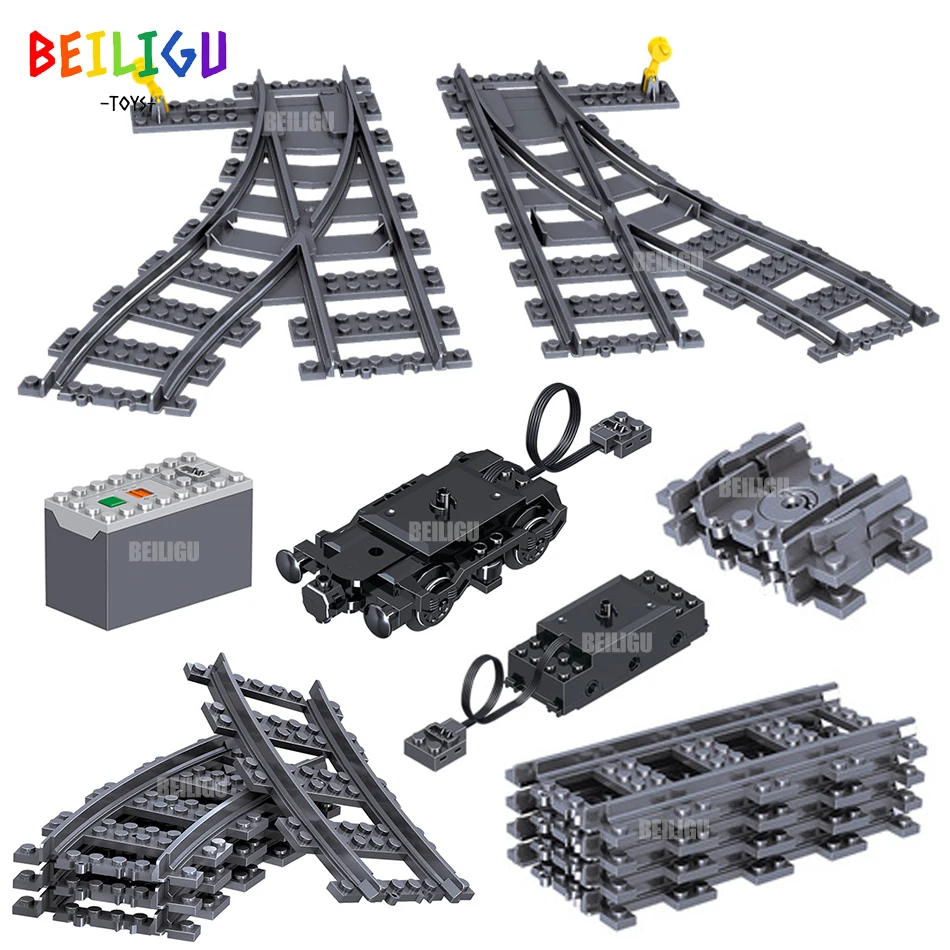 

MOC City Train Tracks Rail Motor Building Blocks Bricks Crossing Flexible Track Forked Straight Curved Rails Creation Toys Child