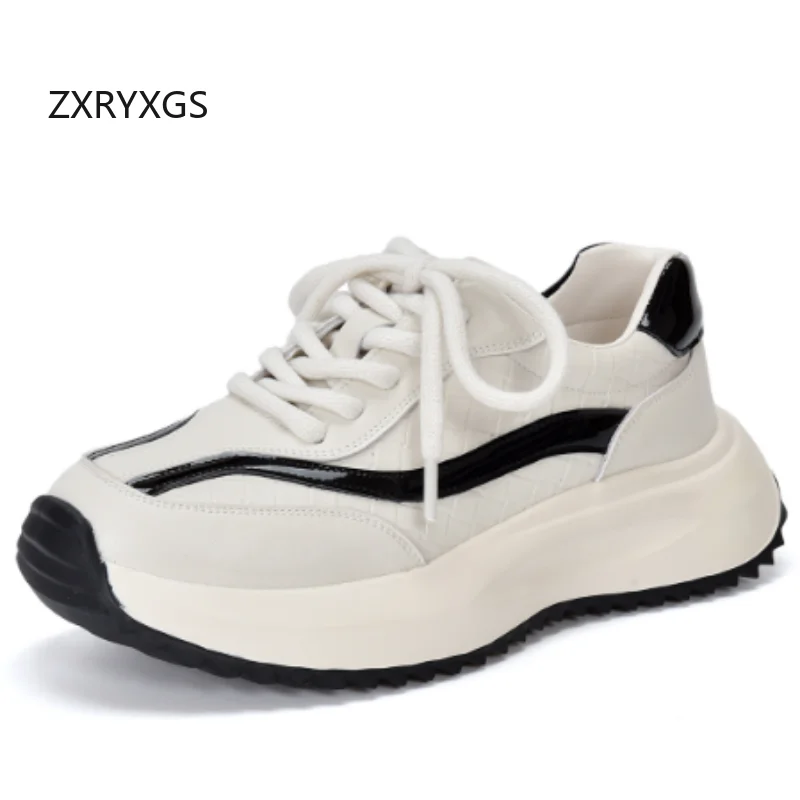 ZXRYXGS 2026 New Spring Lace-up Spell Colors Genuine Leather Sneaker Women Leisure Shoes Comfortable Thick Sole Increase Shoes