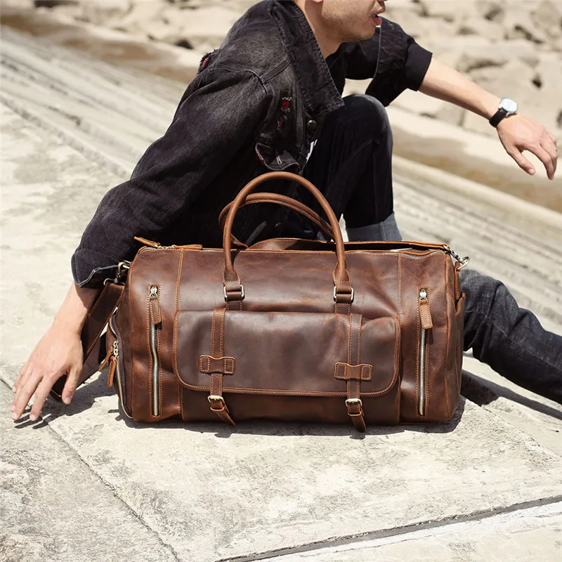 

Vintage large capacity genuine leather travel bag natural crazy horse cowhide handbag duffel bag outdoor weekend luggage bag