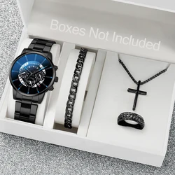 4pcs/set Men Business Watch Fashion Black Steel Band Analog Quartz Watches Jewelry Set（Without Box）