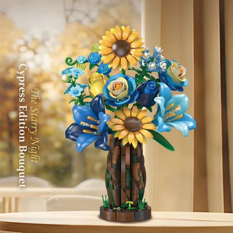 Cypress vase flower building block toy set, creative floral series building block model, suitable for collecting and gifting