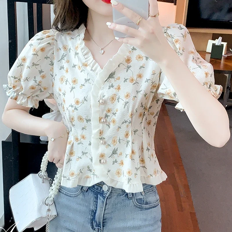 Summer Floral Chiffon Blouses Women 2024 Fashion V Neck Ruffles Casual Shirts Korean Style Slim Puff Sleeve Vintage Tops Mujer