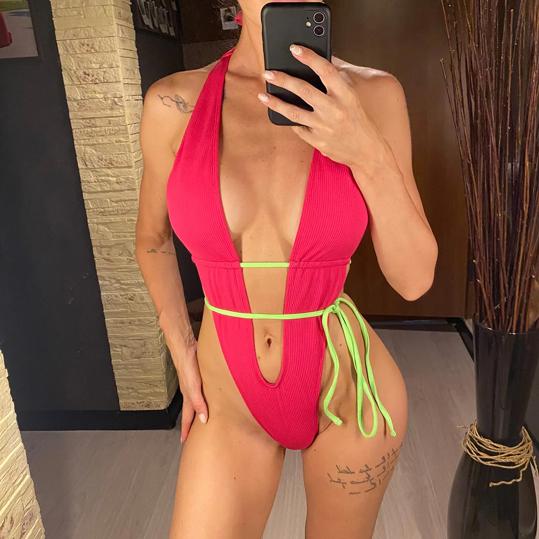 Badeanzug für Damen mit tiefem V-Ausschnitt, rückenfreiem Design und hohem Beinausschnitt, einteiliger Badeanzug, Wickel-Monokini, Badebekleidung, Badeanzug V5610 – Detail 2